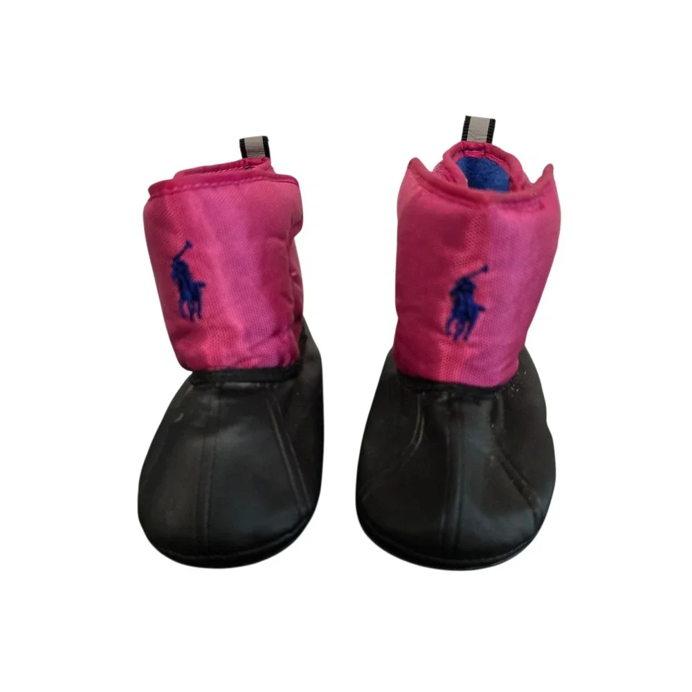 Polo Ralph Lauren Birta Pink Black Infant Snow Boots Size 3 USA Pony Logo Fleece